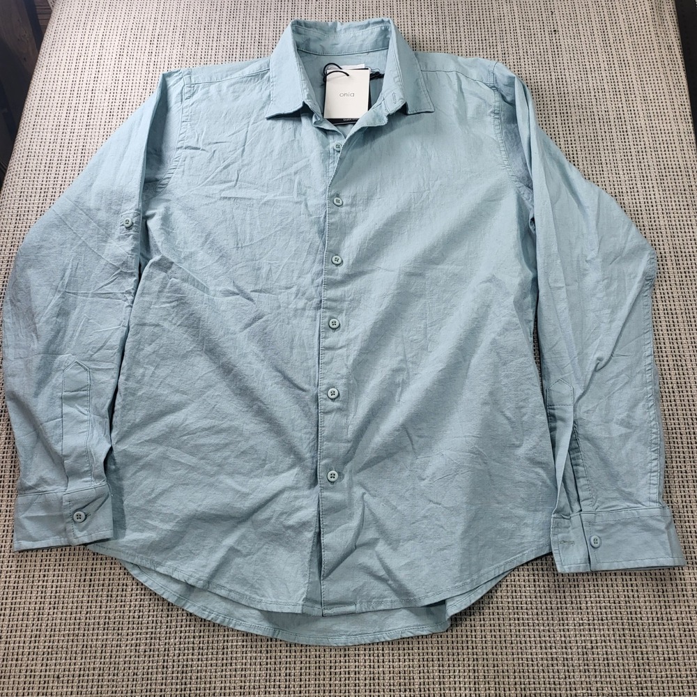 Onia Button Down Shirt Mens M Light Blue Stretch Linen Roll Tab Sleeve New